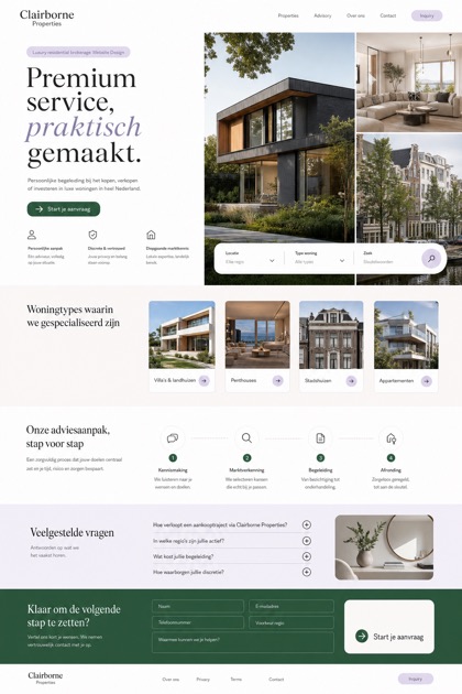 Fictional Clairborne Properties Luxury residential brokerage website design showcase in a 2:3 layout with service sections, FAQ, and inquiry action