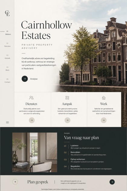 Property website design for Netherlands, showing a clear opening, service information, supporting content, and a focused inquiry action.