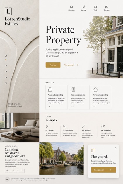 Property website design for Netherlands, showing a clear opening, service information, supporting content, and a focused inquiry action.