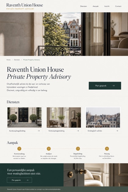 Property website design for Netherlands, showing a clear opening, service information, supporting content, and a focused inquiry action.