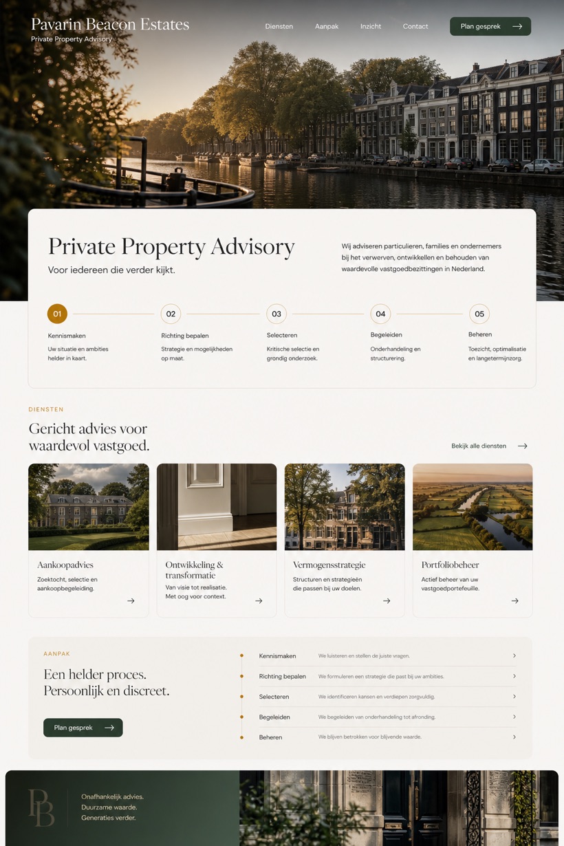 Property website design for Netherlands, showing a clear opening, service information, supporting content, and a focused inquiry action.