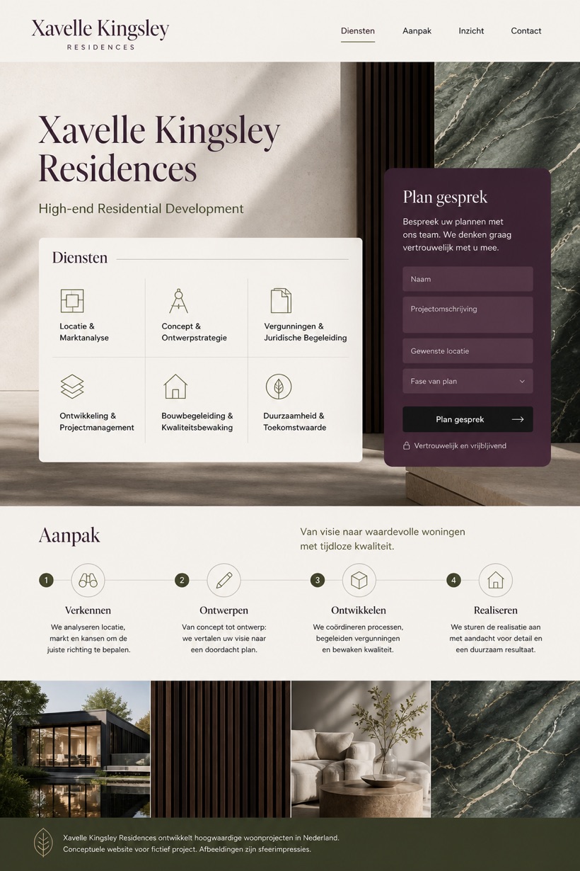 Property website design for Netherlands, showing a clear opening, service information, supporting content, and a focused inquiry action.