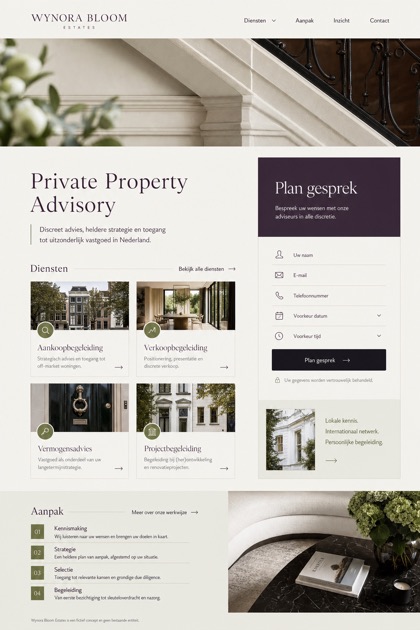 Property website design for Netherlands, showing a clear opening, service information, supporting content, and a focused inquiry action.