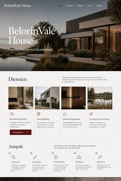 Property website design for Netherlands, showing a clear opening, service information, supporting content, and a focused inquiry action.