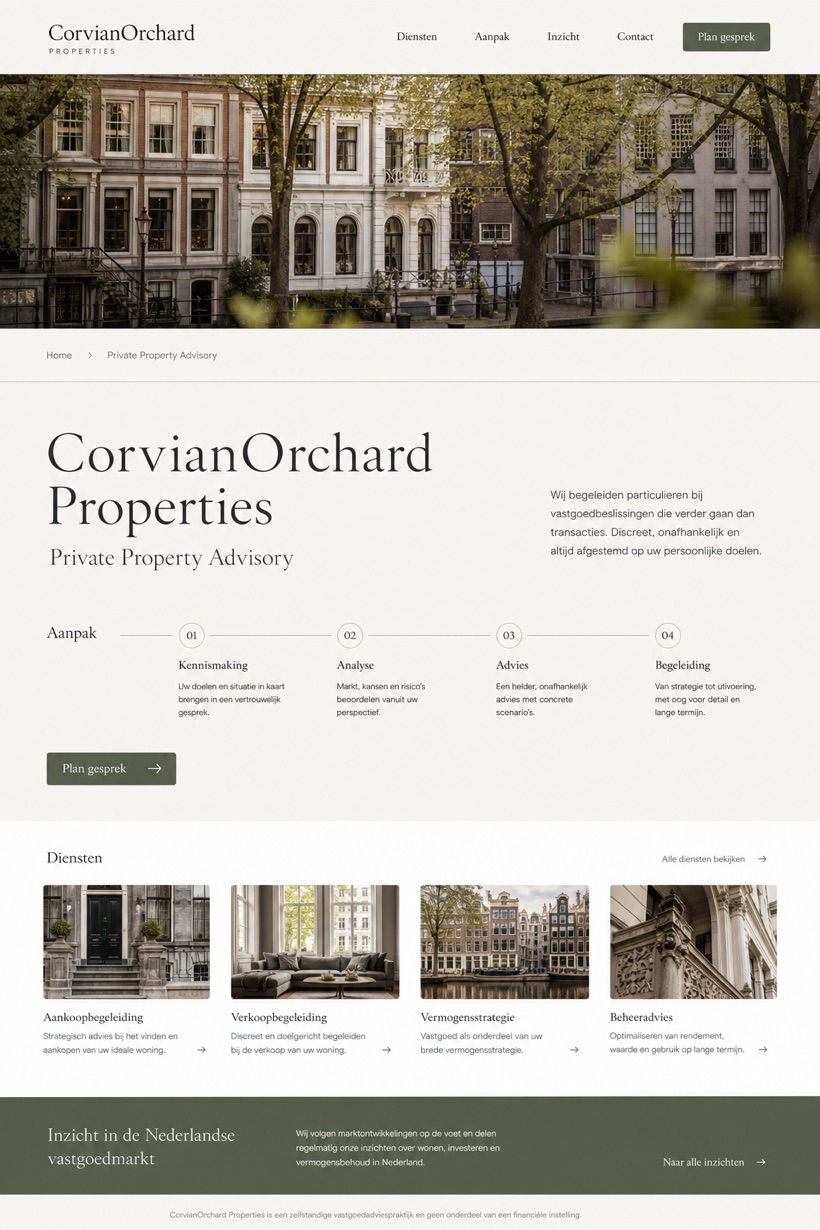 Property website design for Netherlands, showing a clear opening, service information, supporting content, and a focused inquiry action.