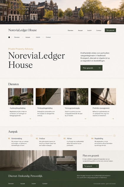 Property website design for Netherlands, showing a clear opening, service information, supporting content, and a focused inquiry action.