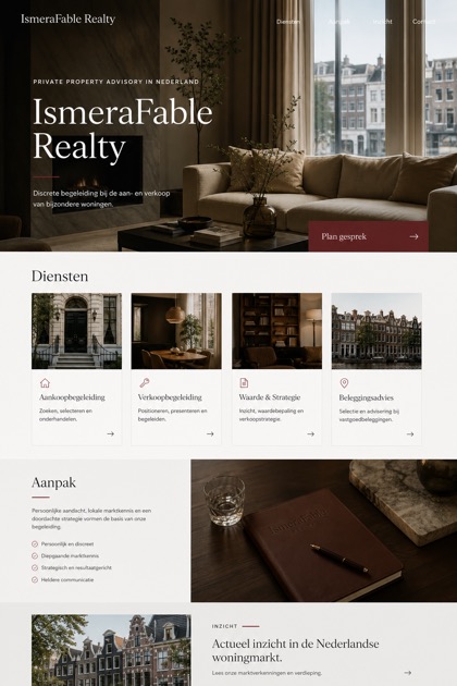 Property website design for Netherlands, showing a clear opening, service information, supporting content, and a focused inquiry action.