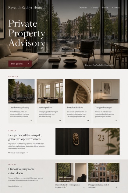 Property website design for Netherlands, showing a clear opening, service information, supporting content, and a focused inquiry action.