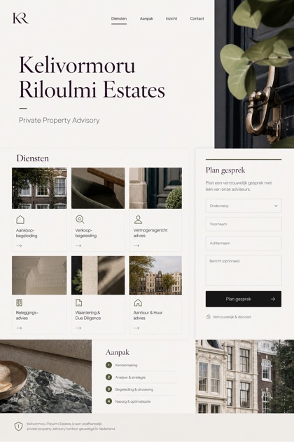 Property website design for Netherlands, showing a clear opening, service information, supporting content, and a focused inquiry action.