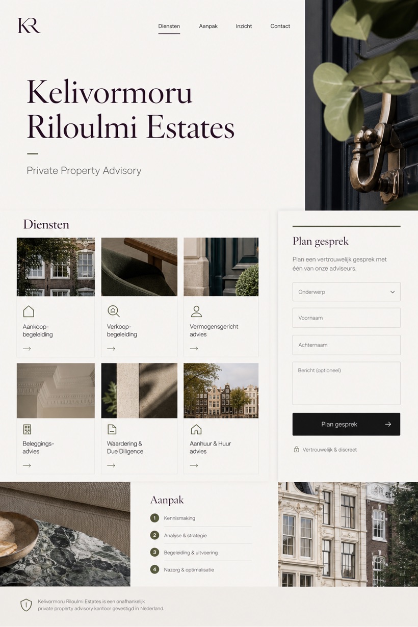 Property website design for Netherlands, showing a clear opening, service information, supporting content, and a focused inquiry action.