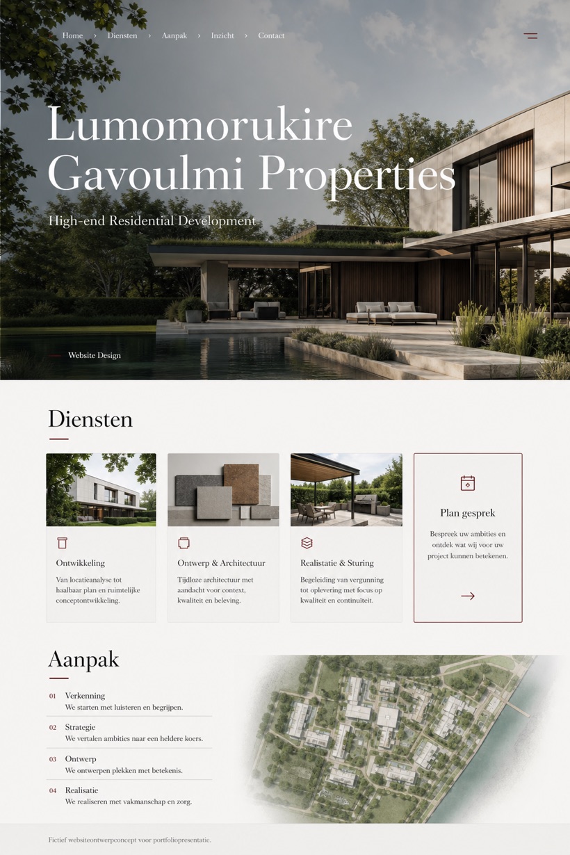 Property website design for Netherlands, showing a clear opening, service information, supporting content, and a focused inquiry action.