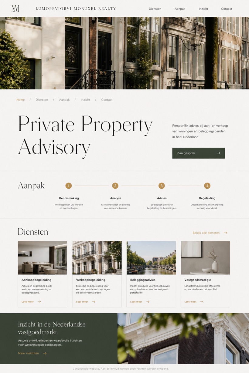 Property website design for Netherlands, showing a clear opening, service information, supporting content, and a focused inquiry action.