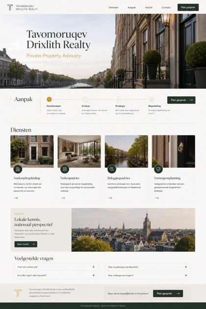 Property website design for Netherlands, showing a clear opening, service information, supporting content, and a focused inquiry action.
