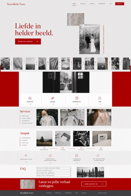 Fictional Noordlicht Vows Editorial wedding photographer website design showcase with a complete 2:3 page layout, service sections, practical information, and contact action