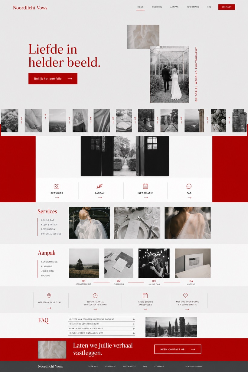 Fictional Noordlicht Vows Editorial wedding photographer website design showcase with a complete 2:3 page layout, service sections, practical information, and contact action