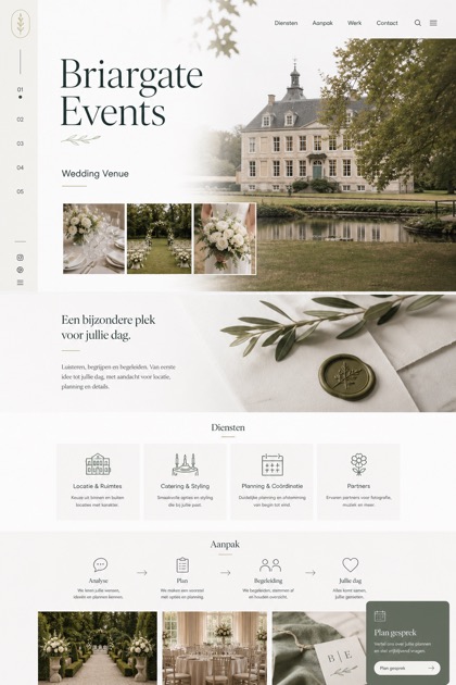 Weddings & Events website design for Netherlands, showing a clear opening, service information, supporting content, and a focused inquiry action.