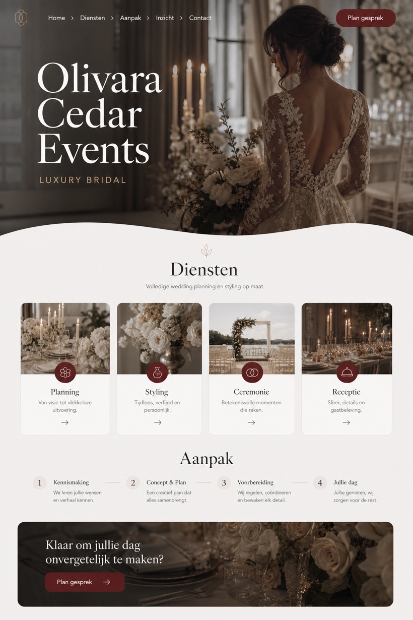 Weddings & Events website design for Netherlands, showing a clear opening, service information, supporting content, and a focused inquiry action.