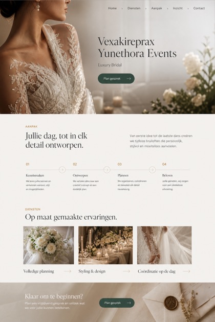 Weddings & Events website design for Netherlands, showing a clear opening, service information, supporting content, and a focused inquiry action.
